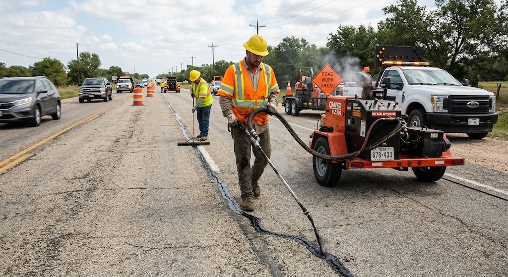 Crack sealing applied along a pavement crack