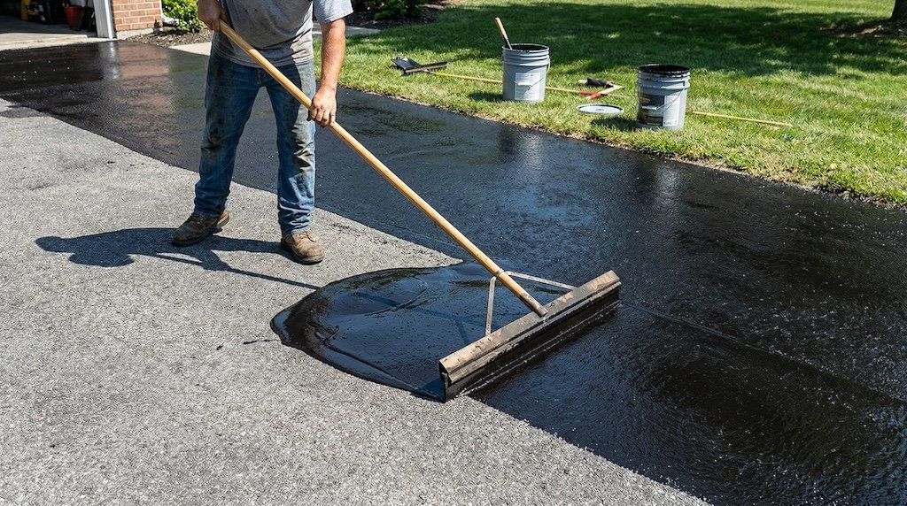 Sealcoat being applied to an asphalt driveway
