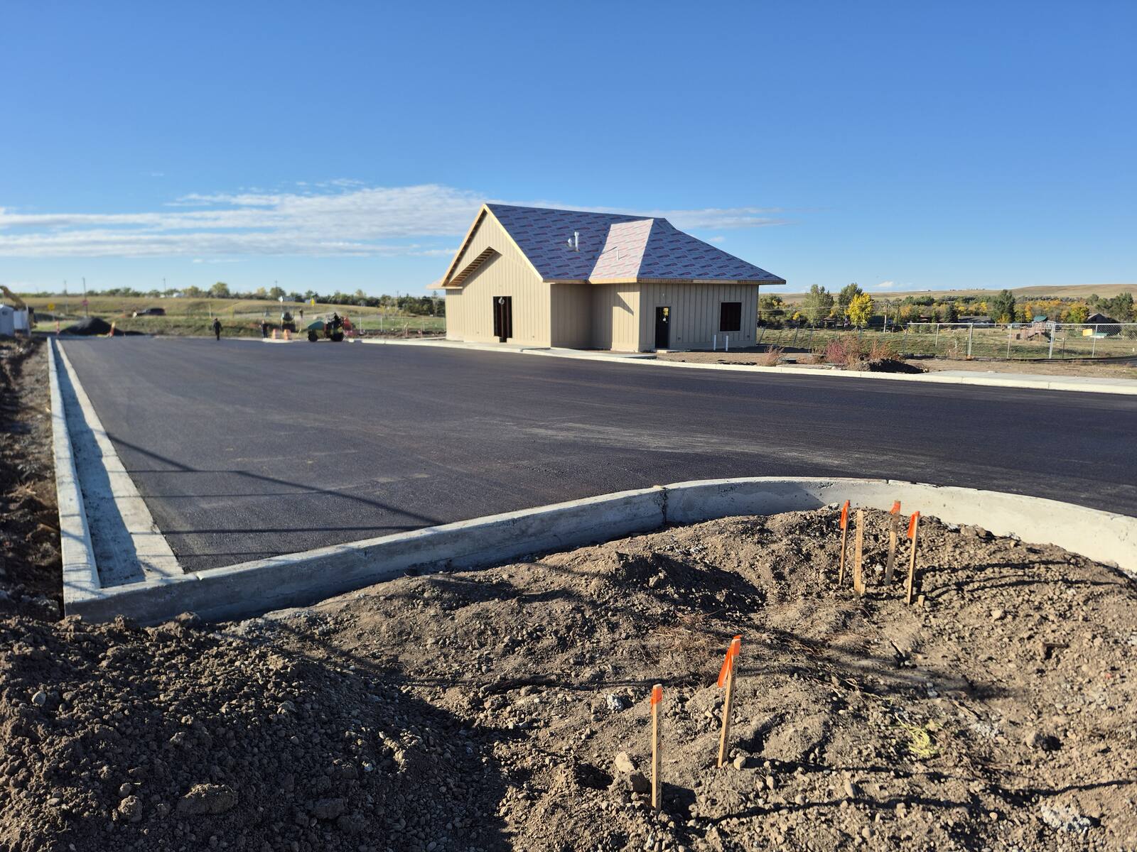 Freshly paved parking lot at the Blacktail Dam community building