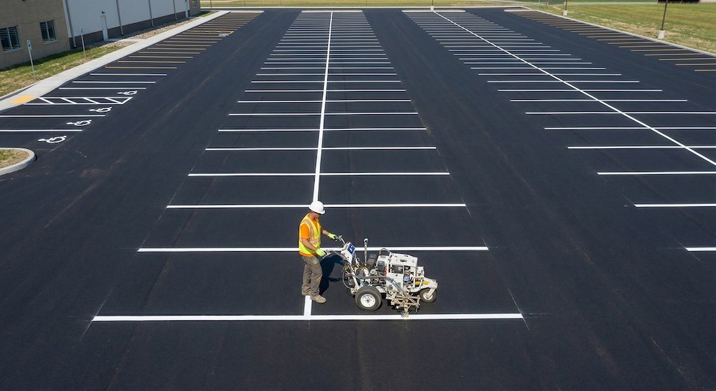 Fresh line striping on a parking lot
